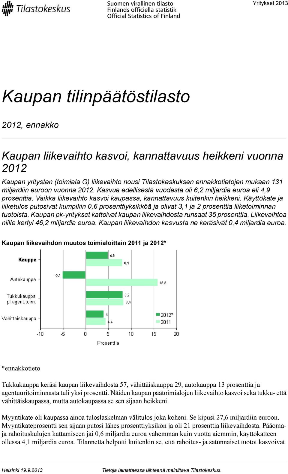 Käyttökate ja liiketulos putosivat kumpikin 0,6 prosenttiyksikköä ja olivat 3,1 ja 2 prosenttia liiketoiminnan tuotoista. Kaupan pk-yritykset kattoivat kaupan liikevaihdosta runsaat 35 prosenttia.