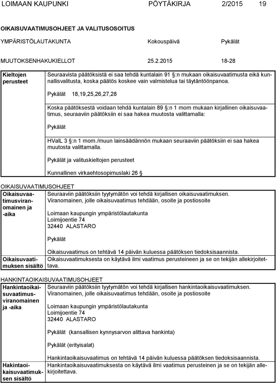 Pykälät 18,19,25,26,27,28 Koska päätöksestä voidaan tehdä kuntalain 89 :n 1 mom mukaan kirjallinen oikaisu vaatimus, seu raaviin päätöksiin ei saa hakea muutosta valittamalla: Pykälät