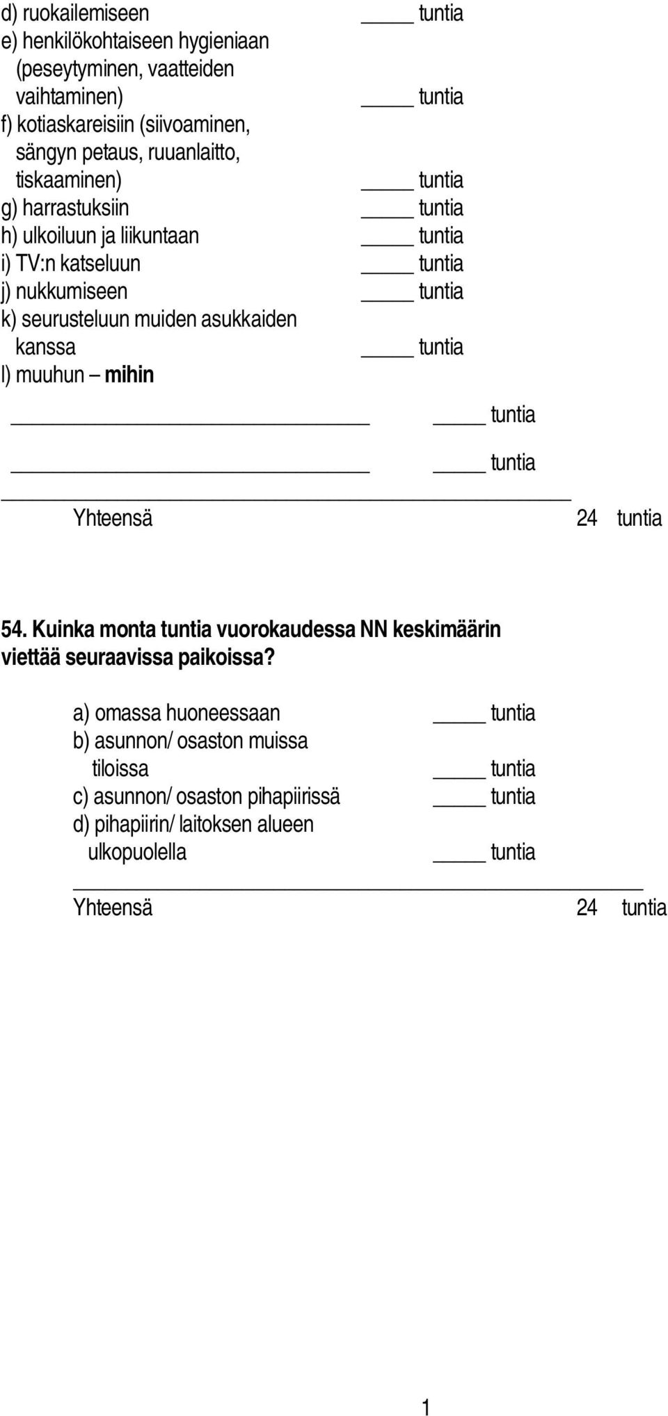 asukkaiden kanssa tuntia l) muuhun mihin tuntia tuntia Yhteensä 24 tuntia 54. Kuinka monta tuntia vuorokaudessa NN keskimäärin viettää seuraavissa paikoissa?