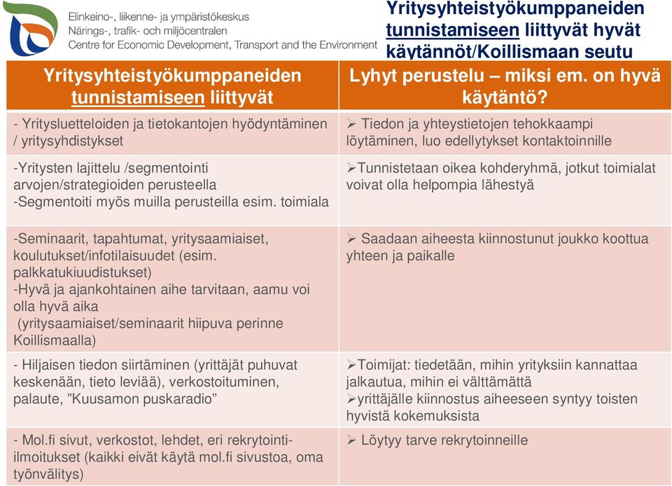 palkkatukiuudistukset) -Hyvä ja ajankohtainen aihe tarvitaan, aamu voi olla hyvä aika (yritysaamiaiset/seminaarit hiipuva perinne Koillismaalla) - Hiljaisen tiedon siirtäminen (yrittäjät puhuvat