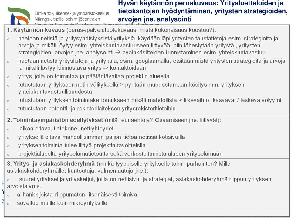 analysointi Hyvien käytäntöjen peruskuvaus: Yritysluetteloiden ja