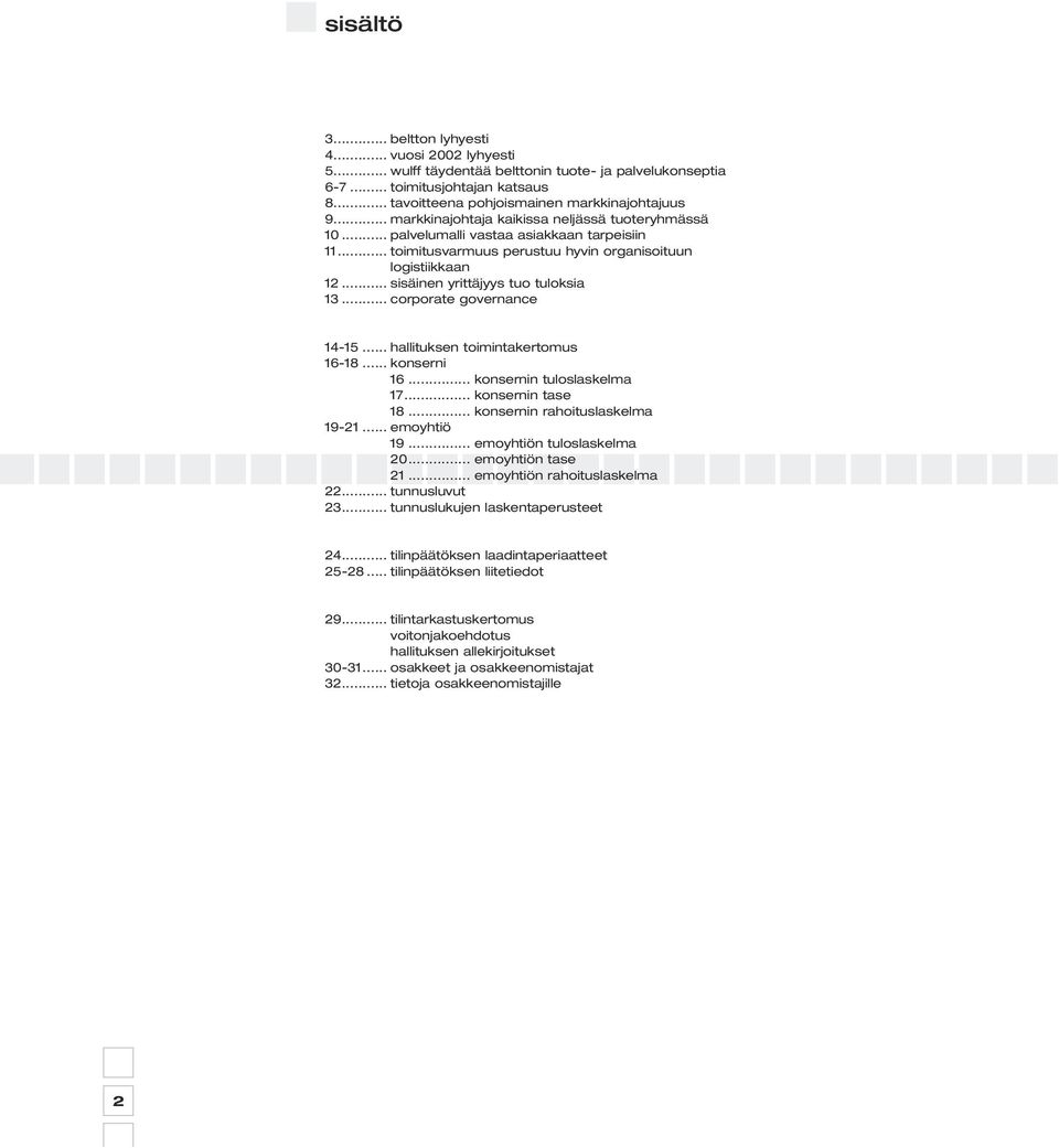 .. sisäinen yrittäjyys tuo tuloksia 13... corporate governance 14-15... hallituksen toimintakertomus 16-18... konserni 16... konsernin tuloslaskelma 17... konsernin tase 18.