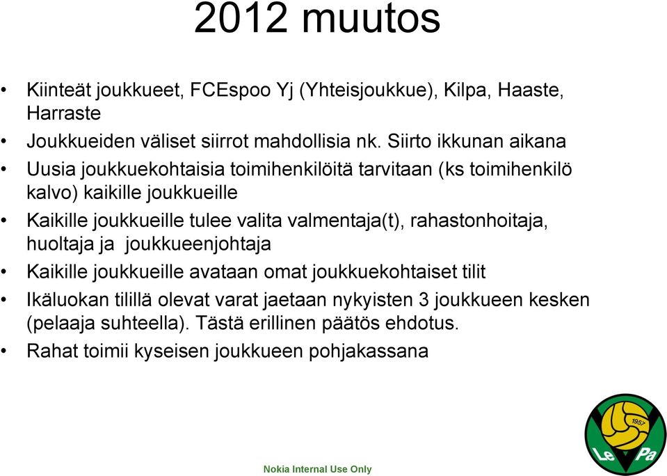 tulee valita valmentaja(t), rahastonhoitaja, huoltaja ja joukkueenjohtaja Kaikille joukkueille avataan omat joukkuekohtaiset tilit Ikäluokan