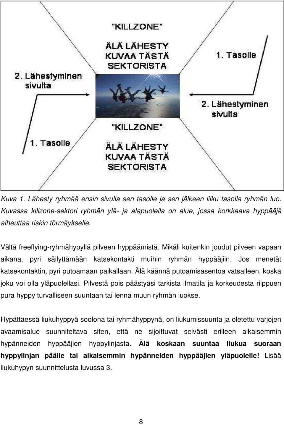 Mikäli kuitenkin joudut pilveen vapaan aikana, pyri säilyttämään katsekontakti muihin ryhmän hyppääjiin. Jos menetät katsekontaktin, pyri putoamaan paikallaan.