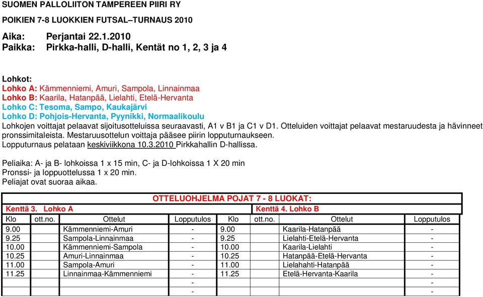 2010 Paikka: Pirkka-halli, D-halli, Kentät no 1, 2, 3 ja 4 Lohkot: Lohko A: Kämmenniemi, Amuri, Sampola, Linnainmaa Lohko B: Kaarila, Hatanpää, Lielahti, Etelä-Hervanta Lohko C: Tesoma, Sampo,