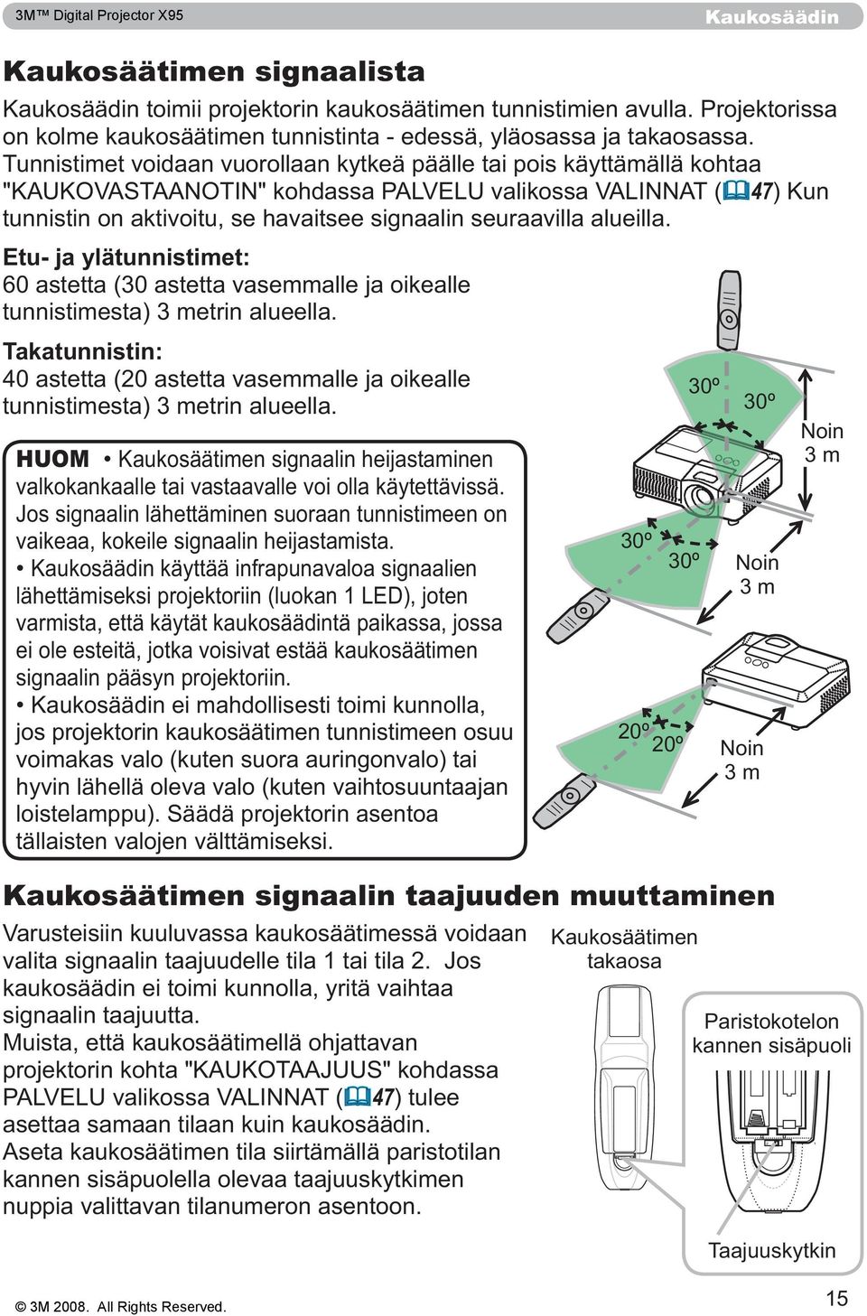 alueilla. Etu- ja ylätunnistimet: 60 astetta (30 astetta vasemmalle ja oikealle tunnistimesta) 3 metrin alueella.