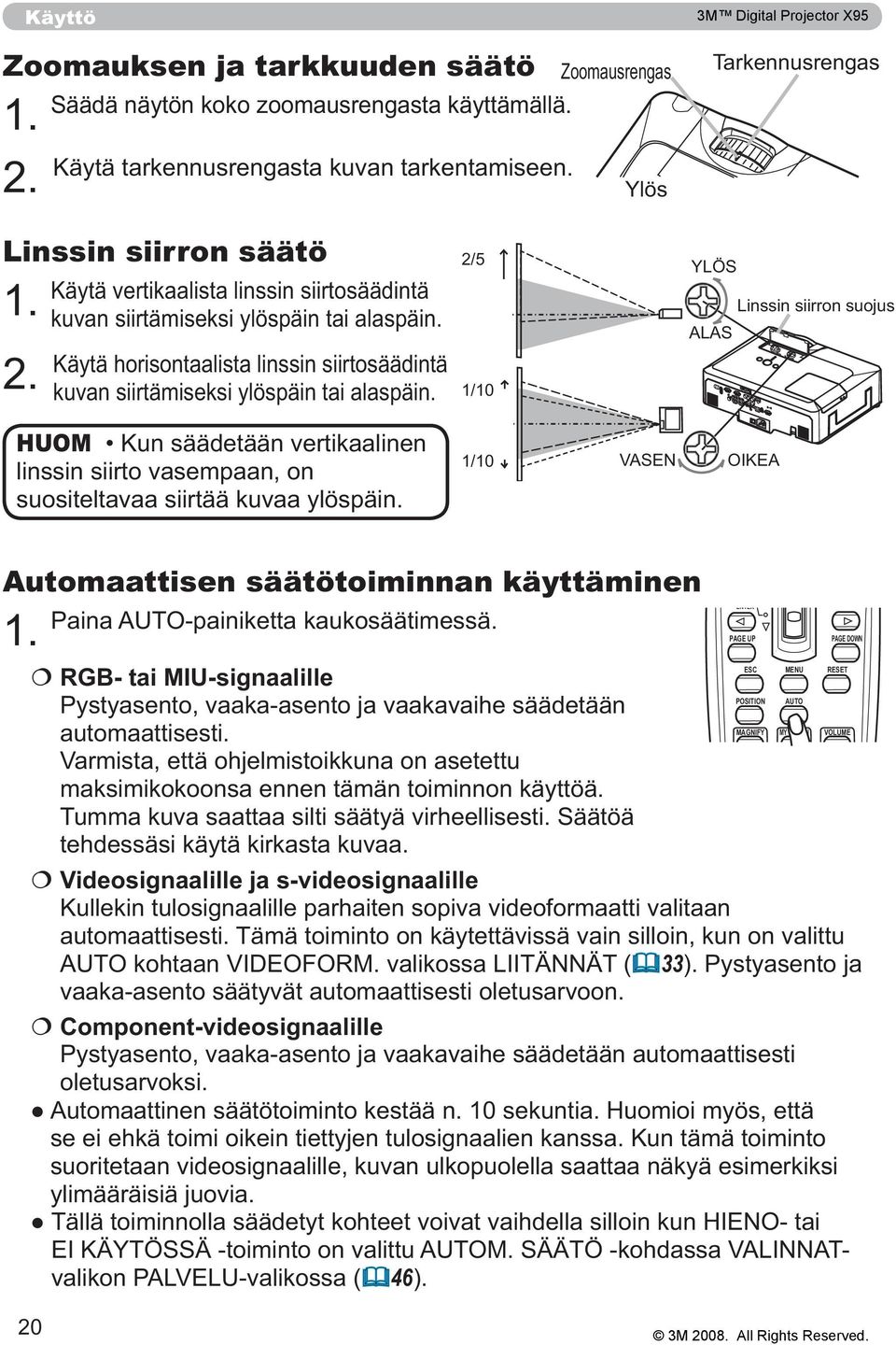 2/5 1/10 YLÖS Linssin siirron suojus ALAS HUOM Kun säädetään vertikaalinen linssin siirto vasempaan, on suositeltavaa siirtää kuvaa ylöspäin.