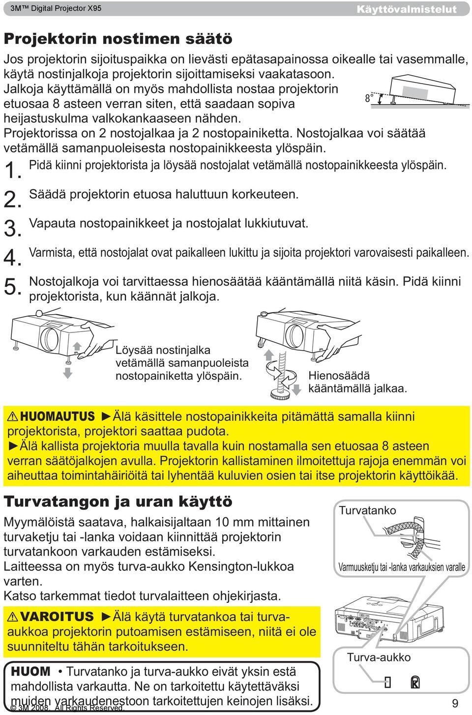 Projektorissa on 2 nostojalkaa ja 2 nostopainiketta. Nostojalkaa voi säätää vetämällä samanpuoleisesta nostopainikkeesta ylöspäin.