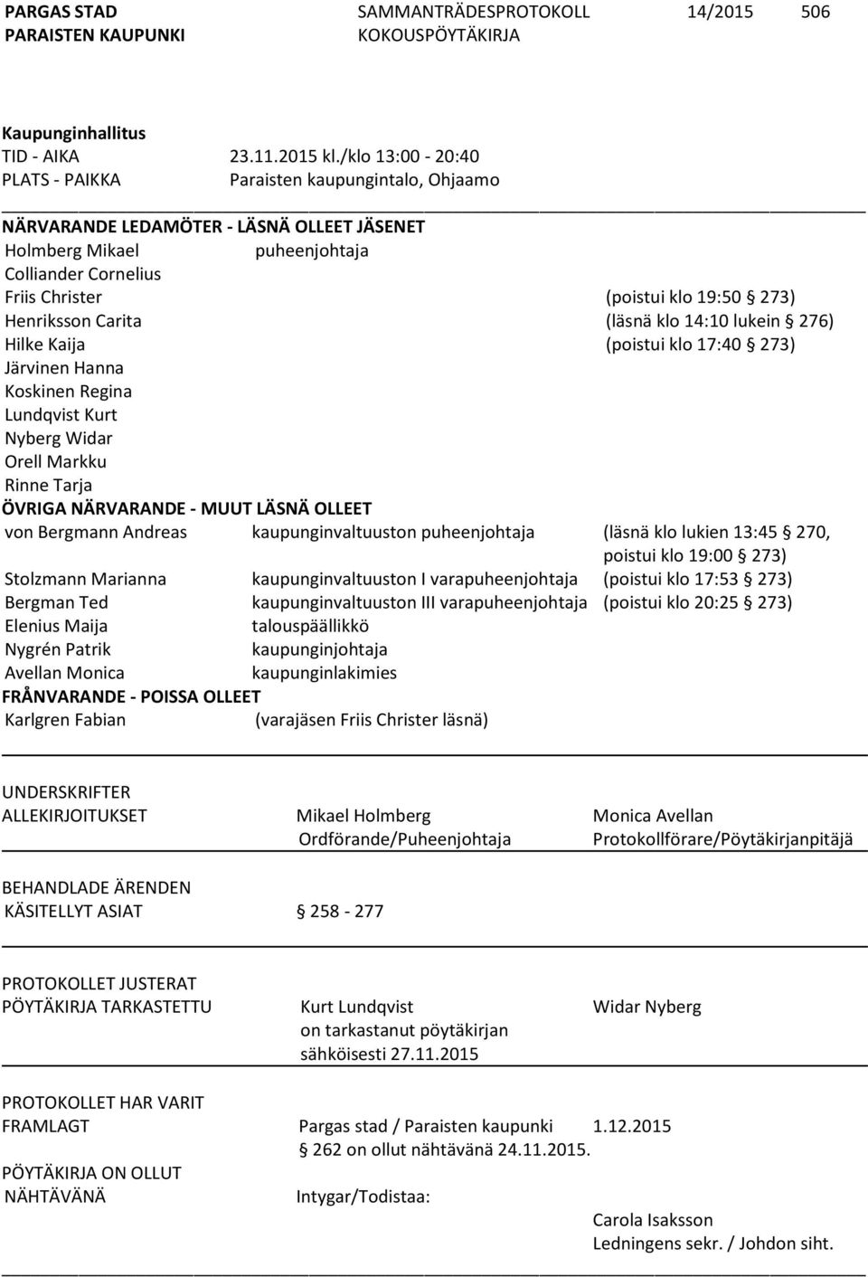 Henriksson Carita (läsnä klo 14:10 lukein 276) Hilke Kaija (poistui klo 17:40 273) Järvinen Hanna Koskinen Regina Lundqvist Kurt Nyberg Widar Orell Markku Rinne Tarja ÖVRIGA NÄRVARANDE - MUUT LÄSNÄ