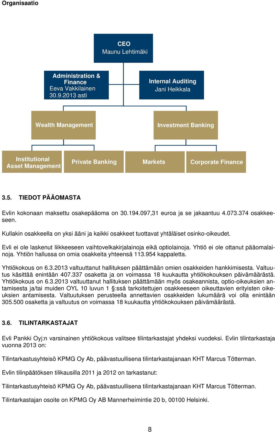 TIEDOT PÄÄOMASTA Evlin kokonaan maksettu osakepääoma on 30.194.097,31 euroa ja se jakaantuu 4.073.374 osakkeeseen.