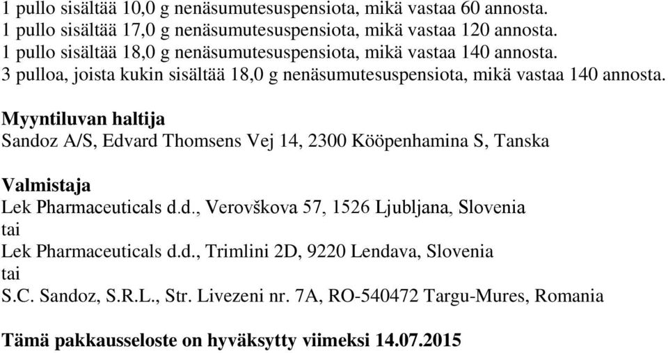 Myyntiluvan haltija Sandoz A/S, Edvard Thomsens Vej 14, 2300 Kööpenhamina S, Tanska Valmistaja Lek Pharmaceuticals d.d., Verovškova 57, 1526 Ljubljana, Slovenia tai Lek Pharmaceuticals d.