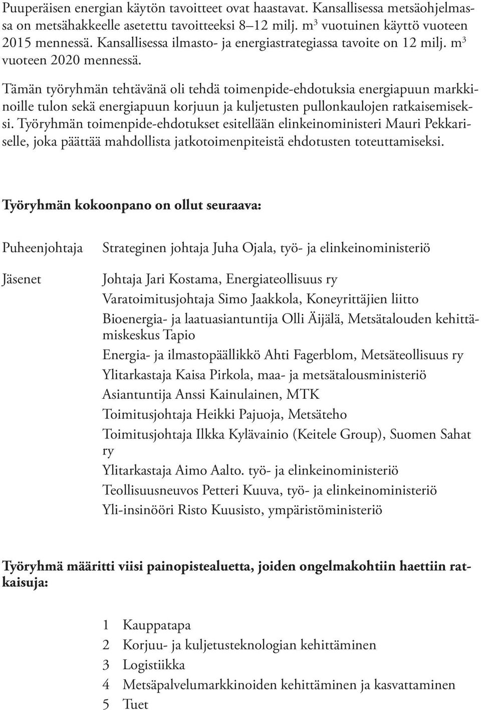 Tämän työryhmän tehtävänä oli tehdä toimenpide-ehdotuksia energiapuun markkinoille tulon sekä energiapuun korjuun ja kuljetusten pullonkaulojen ratkaisemiseksi.