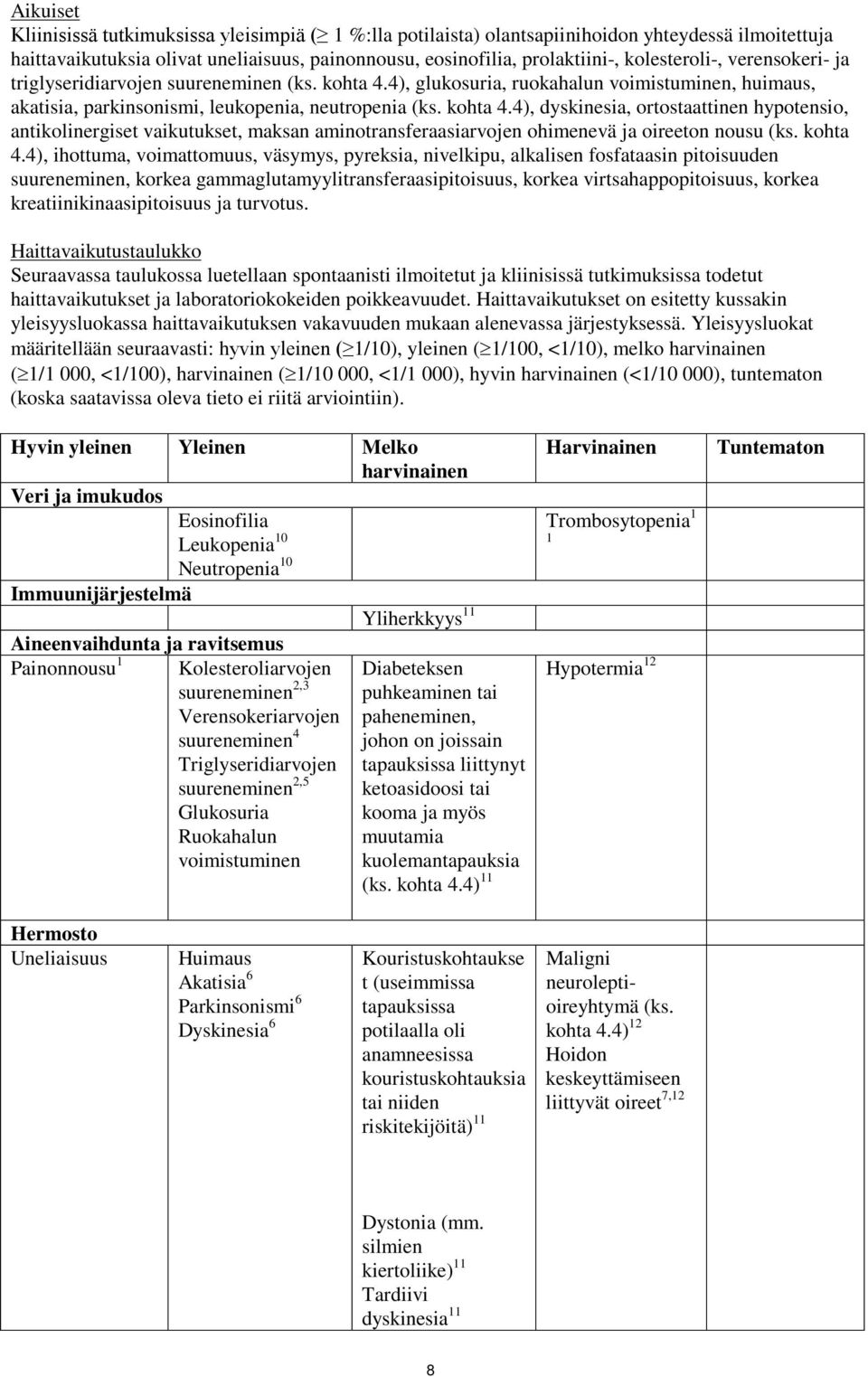 4), glukosuria, ruokahalun voimistuminen, huimaus, akatisia, parkinsonismi, leukopenia, neutropenia (ks. kohta 4.