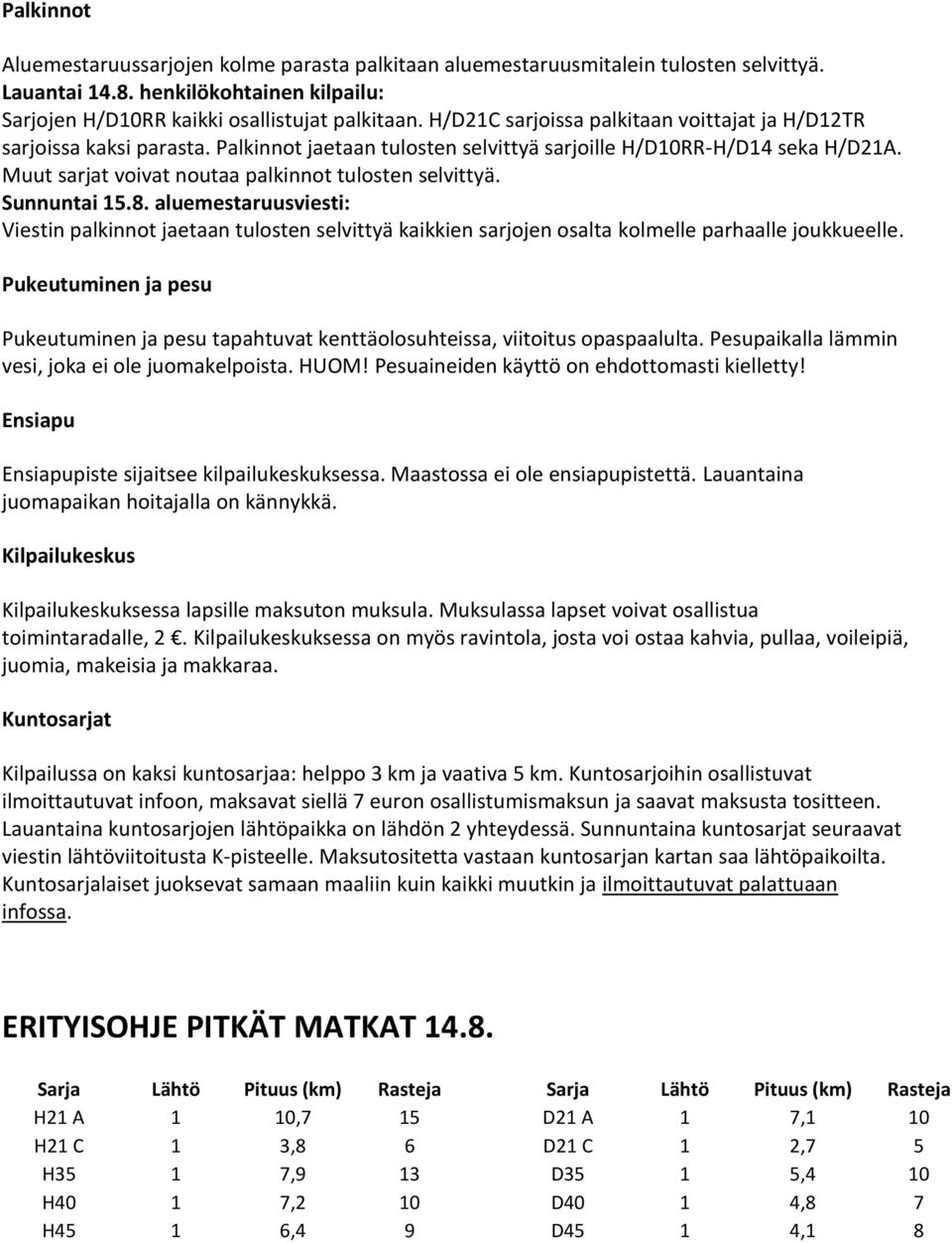 Muut sarjat voivat noutaa palkinnot tulosten selvittyä. Sunnuntai 15.8. aluemestaruusviesti: Viestin palkinnot jaetaan tulosten selvittyä kaikkien sarjojen osalta kolmelle parhaalle joukkueelle.