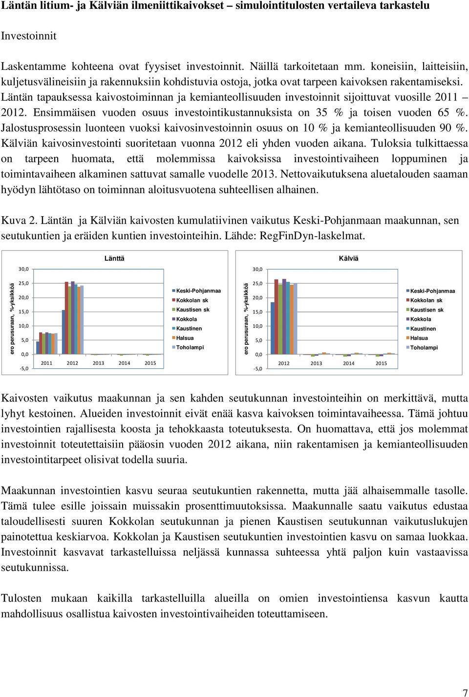 Läntän tapauksessa kaivostoiminnan ja kemianteollisuuden investoinnit sijoittuvat vuosille 2011 2012. Ensimmäisen vuoden osuus investointikustannuksista on 35 % ja toisen vuoden 65 %.