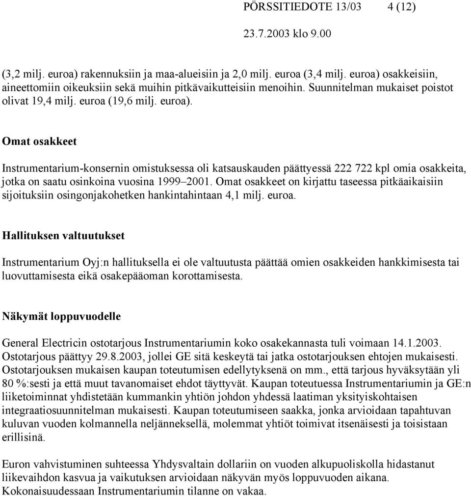 Omat osakkeet Instrumentarium-konsernin omistuksessa oli katsauskauden päättyessä 222 722 kpl omia osakkeita, jotka on saatu osinkoina vuosina 1999 2001.