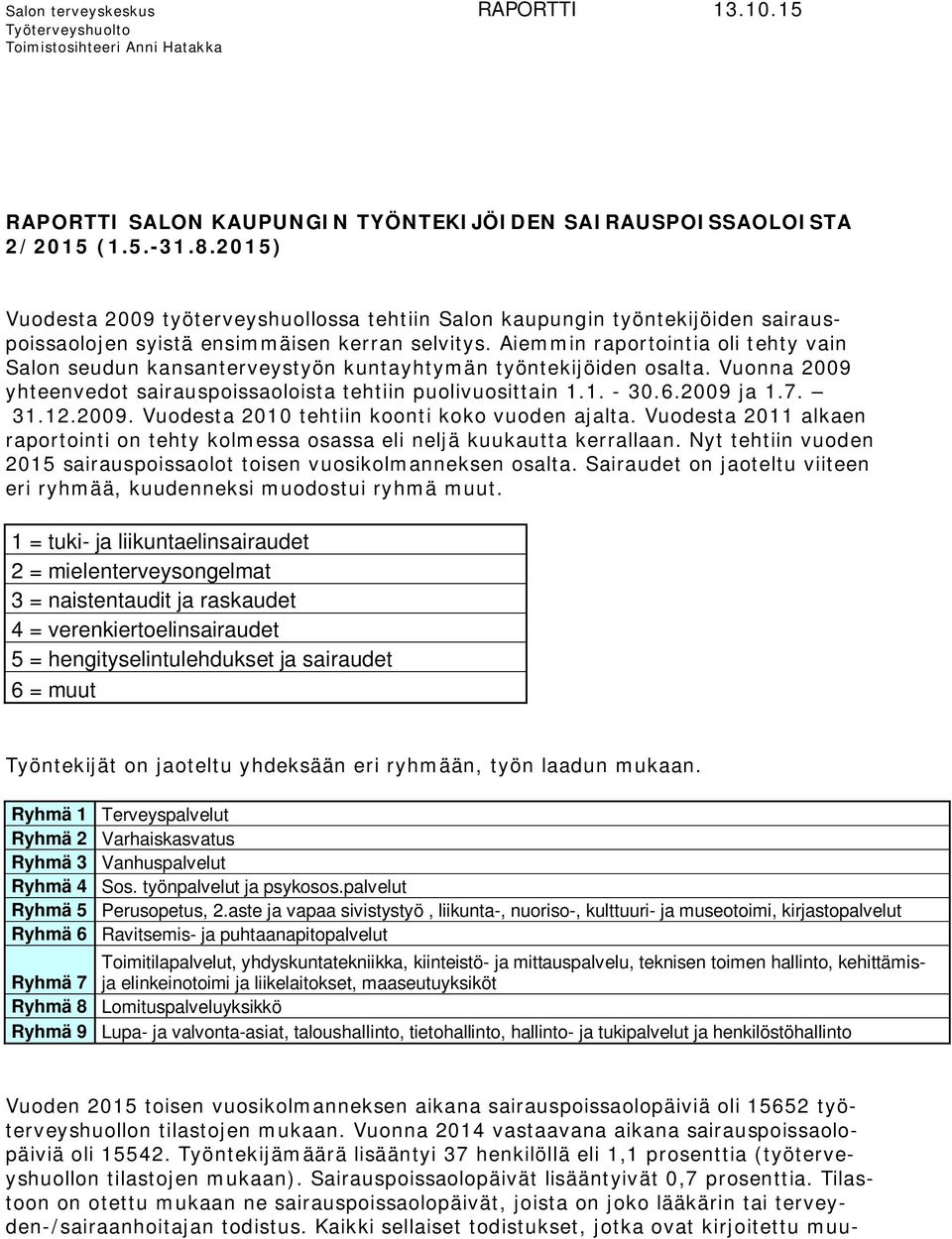 Aiemmin raportointia oli tehty vain Salon seudun kansanterveystyön kuntayhtymän työntekijöiden osalta. Vuonna 2009 yhteenvedot sairauspoissaoloista tehtiin puolivuosittain 1.1. - 30.6.2009 ja 1.7. 31.