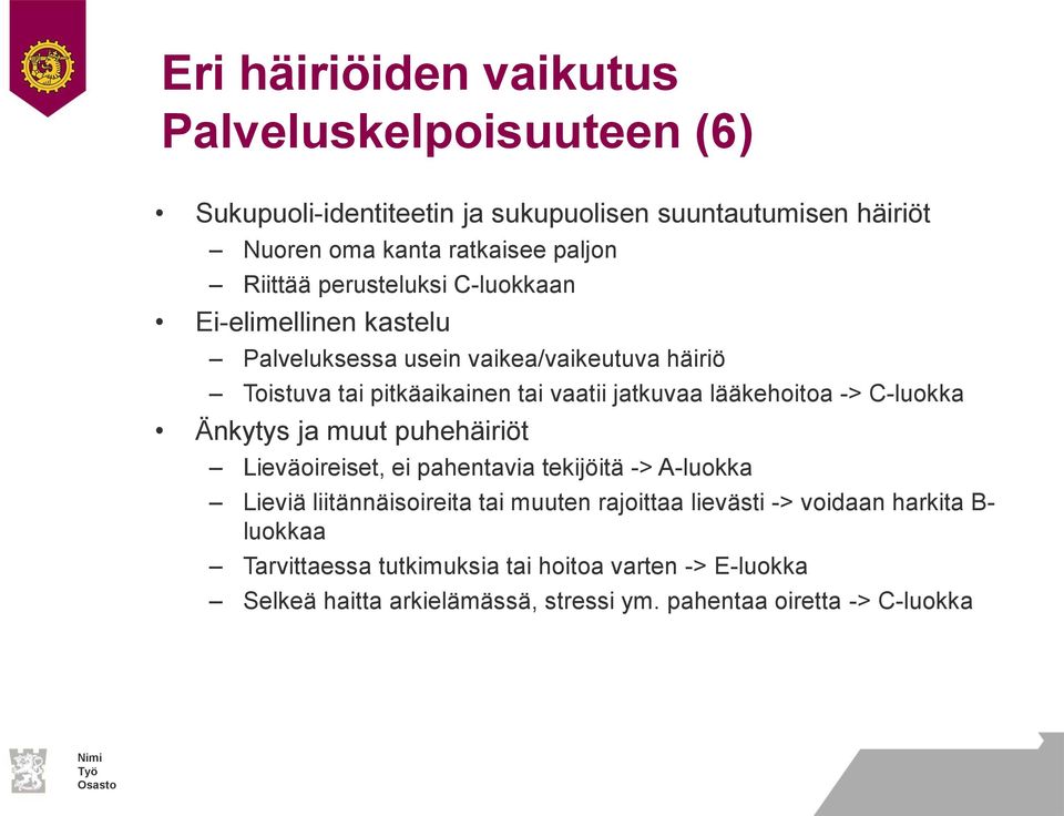 lääkehoitoa -> C-luokka Änkytys ja muut puhehäiriöt Lieväoireiset, ei pahentavia tekijöitä -> A-luokka Lieviä liitännäisoireita tai muuten rajoittaa