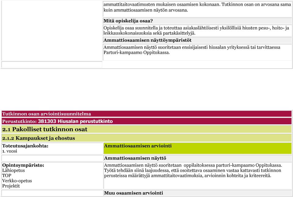 Ammattiosaamisen näyttöympäristöt Ammattiosaamisen näyttö suoritetaan ensisijaisesti hiusalan yrityksessä tai tarvittaessa Parturi-kampaamo Oppitukassa.