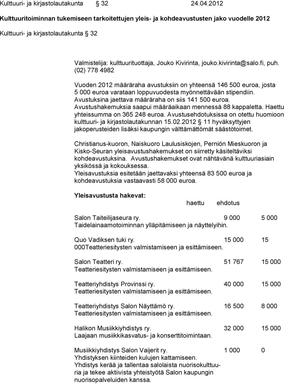 kivirinta@salo.fi, puh. (02) 778 4982 Vuoden 2012 määräraha avustuksiin on yhteensä 146 500 euroa, josta 5 000 euroa varataan loppuvuodesta myönnettävään stipendiin.