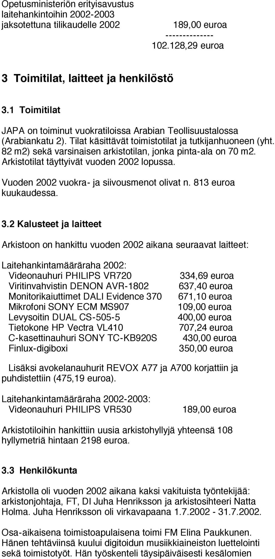 82 m2) sekä varsinaisen arkistotilan, jonka pinta-ala on 70 m2. Arkistotilat täyttyivät vuoden 2002 lopussa. Vuoden 2002 vuokra- ja siivousmenot olivat n. 813 euroa kuukaudessa. 3.