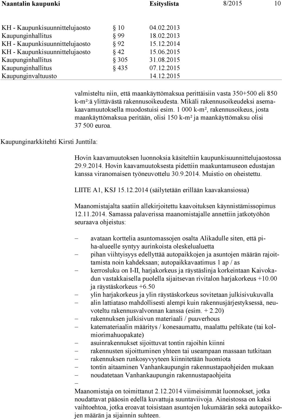 2015 Kaupunginarkkitehti Kirsti Junttila: val misteltu niin, että maankäyttömaksua perittäisiin vasta 350+500 eli 850 k-m²:ä ylittävästä rakennusoikeudesta.