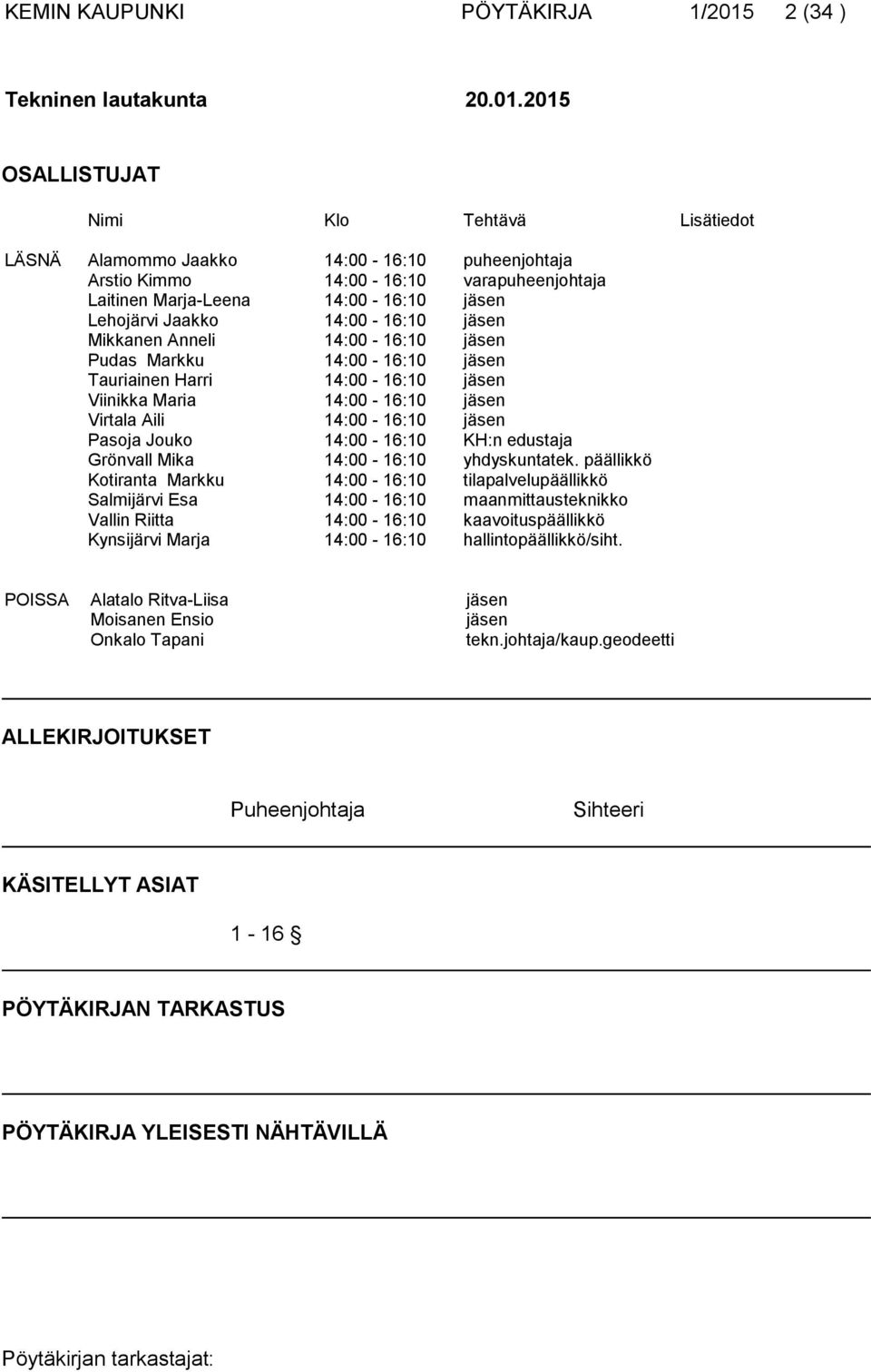 2015 OSALLISTUJAT Nimi Klo Tehtävä Lisätiedot LÄSNÄ Alamommo Jaakko 14:00-16:10 puheenjohtaja Arstio Kimmo 14:00-16:10 varapuheenjohtaja Laitinen Marja-Leena 14:00-16:10 jäsen Lehojärvi Jaakko