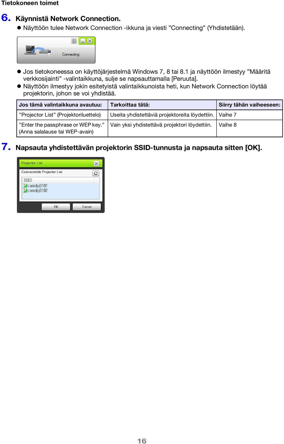 Näyttöön ilmestyy jokin esitetyistä valintaikkunoista heti, kun Network Connection löytää projektorin, johon se voi yhdistää.