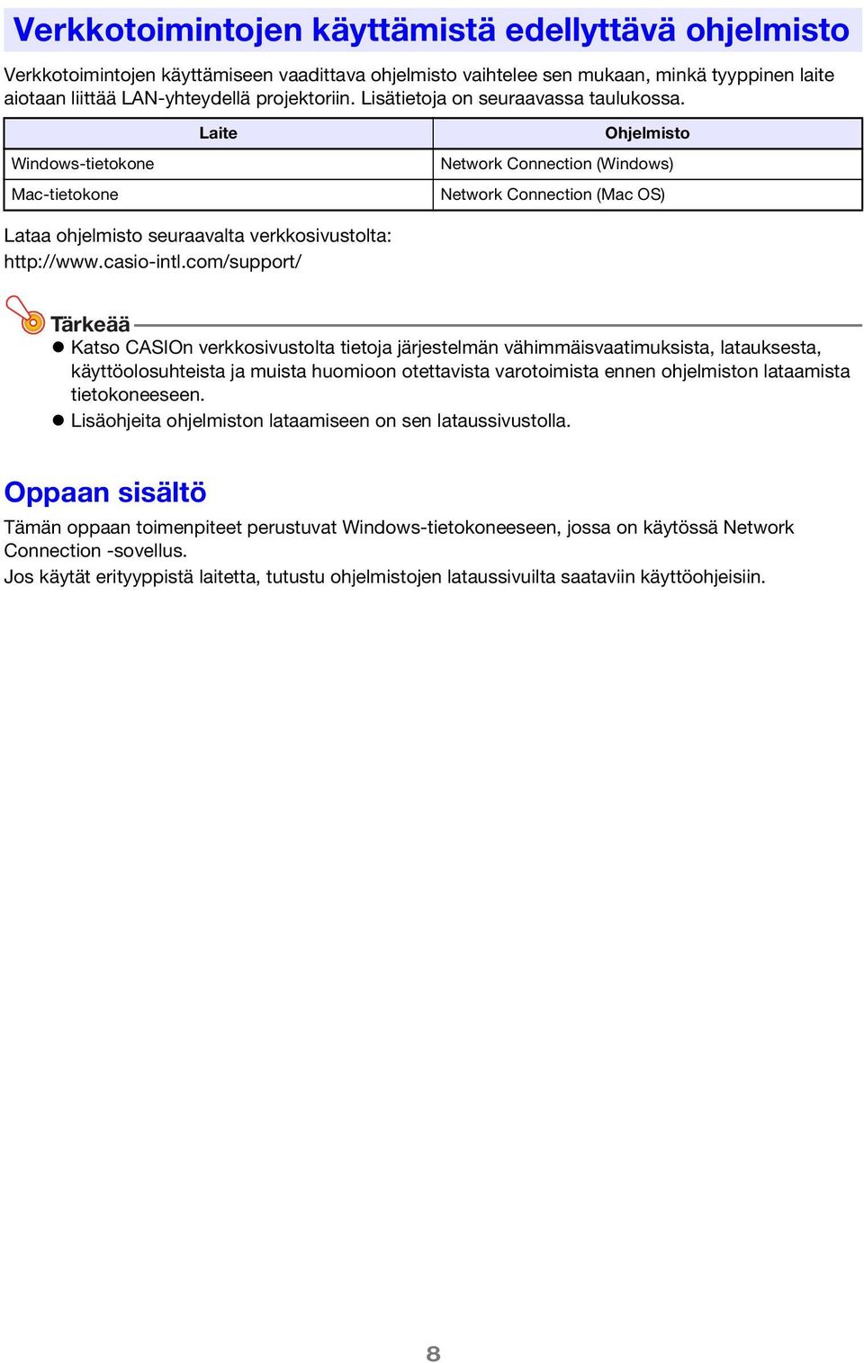 Windows-tietokone Mac-tietokone Laite Ohjelmisto Network Connection (Windows) Network Connection (Mac OS) Lataa ohjelmisto seuraavalta verkkosivustolta: http://www.casio-intl.