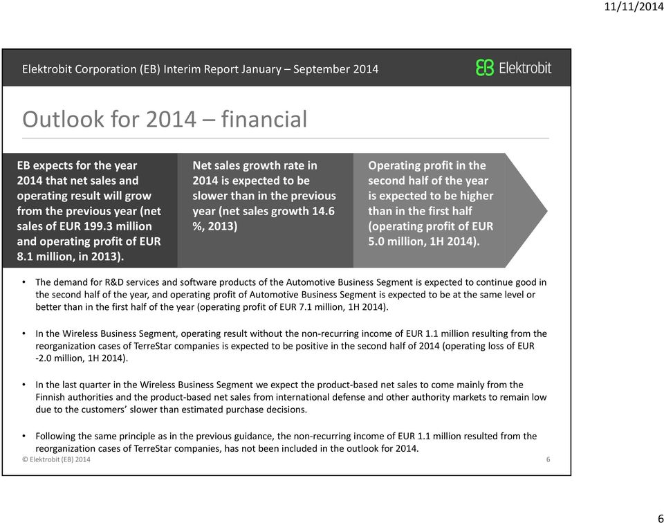 6 %, 2013) Operating profit in the second half of the year is expected to be higher than in the first half (operating profit of EUR 5.0 million, 1H 2014).