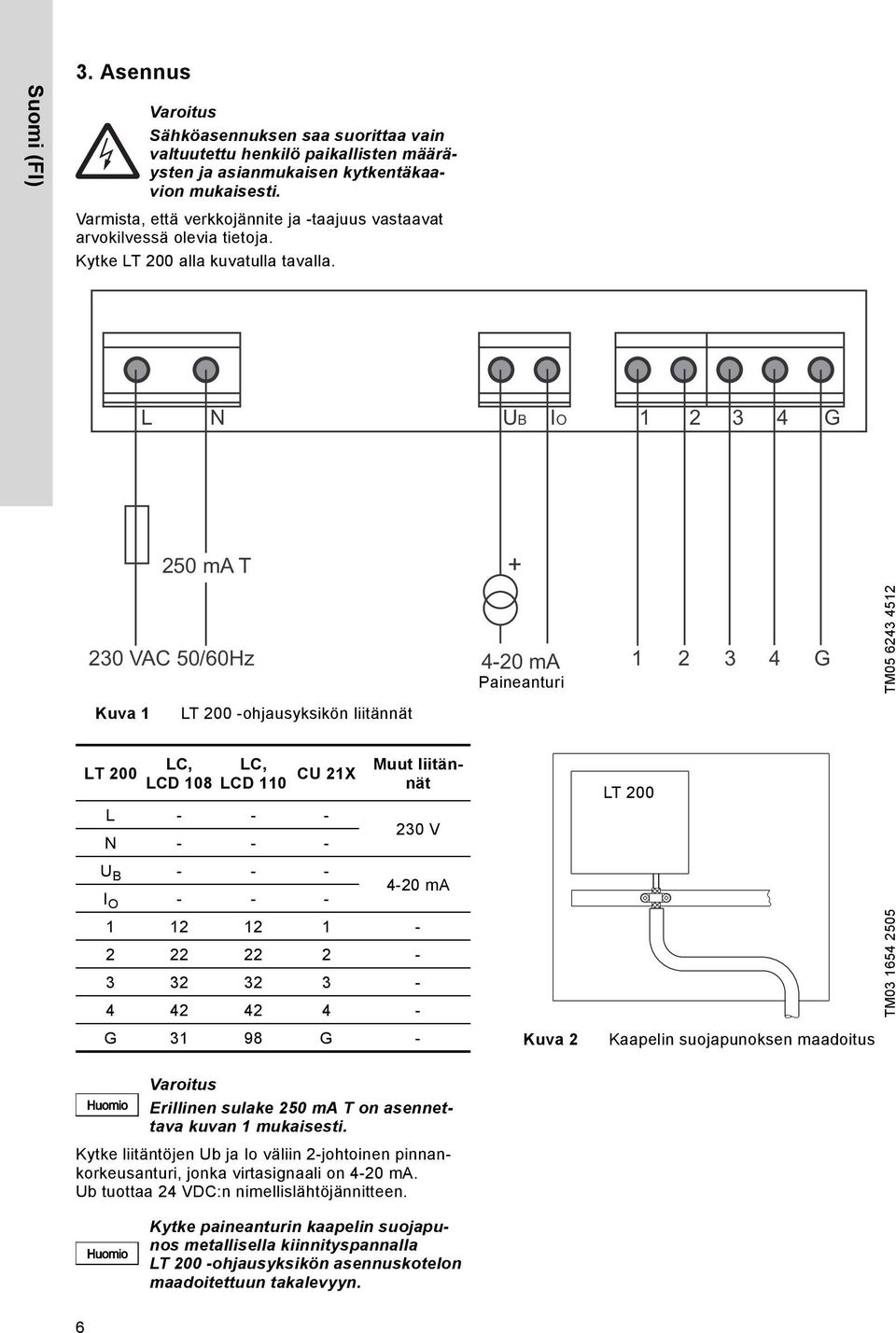 L N UB IO 1 2 3 4 G 250 ma T + 230 VAC 50/60Hz 4-20 ma Paineanturi Kuva 1 LT 200 -ohjausyksikön liitännät 1 2 3 4 G TM05 6243 4512 LC, LC, LT 200 CU 21X LCD 108 LCD 110 L - - - Muut liitännät 230 V N