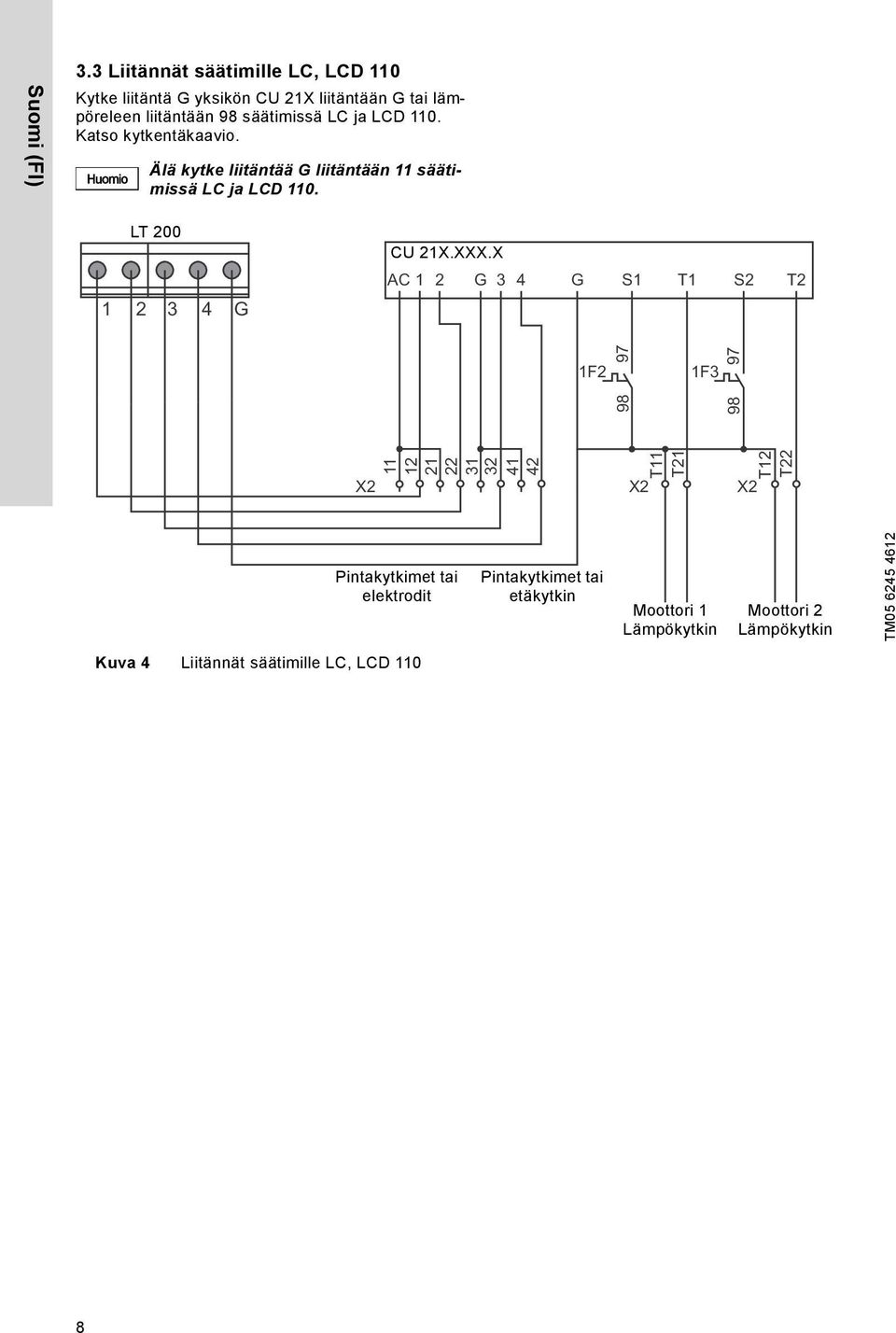 110. Katso kytkentäkaavio. Huomio Älä kytke liitäntää G liitäntään 11 säätimissä LC ja LCD 110. LT 200 1 2 3 4 G CU 21X.XXX.