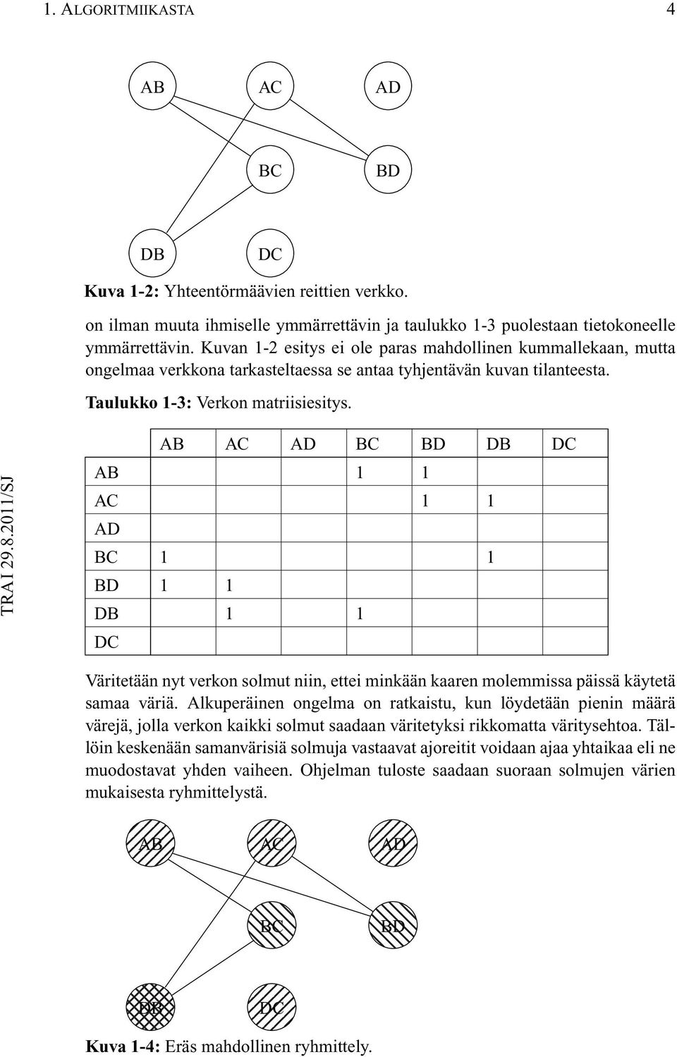 AB AC AD BC BD DB DC AB 1 1 AC 1 1 AD BC 1 1 BD 1 1 DB 1 1 DC Väritetään nyt verkon solmut niin, ettei minkään kaaren molemmissa päissä käytetä samaa väriä.