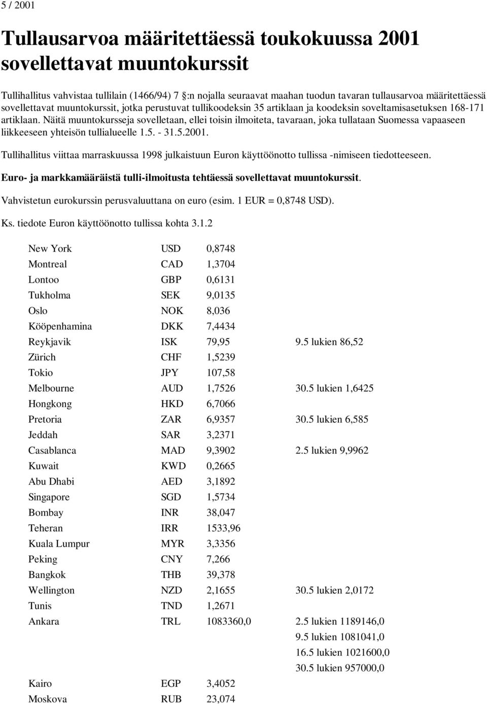 Näitä muuntokursseja sovelletaan, ellei toisin ilmoiteta, tavaraan, joka tullataan Suomessa vapaaseen liikkeeseen yhteisön tullialueelle 1.5. - 31.5.2001.