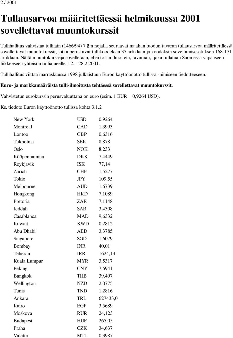 Näitä muuntokursseja sovelletaan, ellei toisin ilmoiteta, tavaraan, joka tullataan Suomessa vapaaseen liikkeeseen yhteisön tullialueelle 1.2. - 28.2.2001.