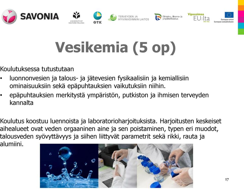 epäpuhtauksien merkitystä ympäristön, putkiston ja ihmisen terveyden kannalta Koulutus koostuu luennoista ja