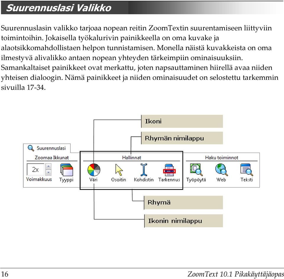 Monella näistä kuvakkeista on oma ilmestyvä alivalikko antaen nopean yhteyden tärkeimpiin ominaisuuksiin.