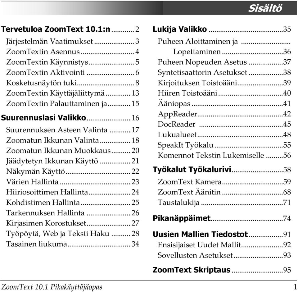 .. 21 Näkymän Käyttö... 22 Värien Hallinta... 23 Hiiriosoittimen Hallinta... 24 Kohdistimen Hallinta... 25 Tarkennuksen Hallinta... 26 Kirjasimen Korostukset... 27 Työpöytä, Web ja Teksti Haku.