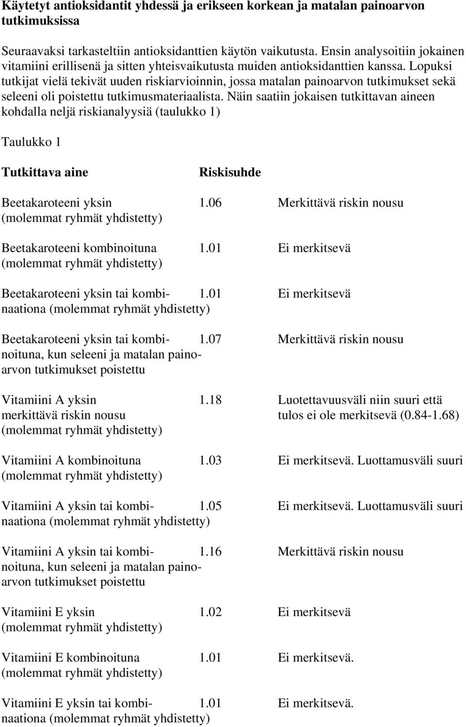 Lopuksi tutkijat vielä tekivät uuden riskiarvioinnin, jossa matalan painoarvon tutkimukset sekä seleeni oli poistettu tutkimusmateriaalista.