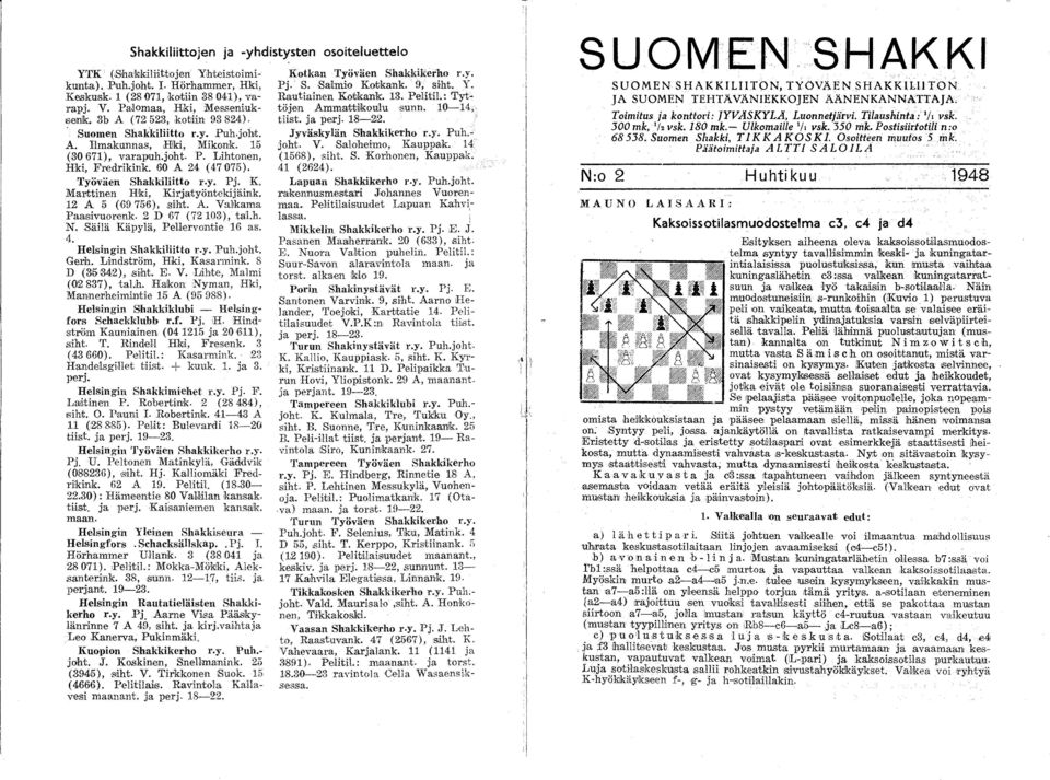 Marttinen Hki, Kirjatyöntekijäink. 12 A 5 (69756). siht. A. Val1kama Paasivuorenk. 2 D 67 (72103), tal.h. N. Säilä Käpylä, PeUervontie 16 as. 4. Helsingin ShakkiIii1to r.y. Puh.joht. GelID.