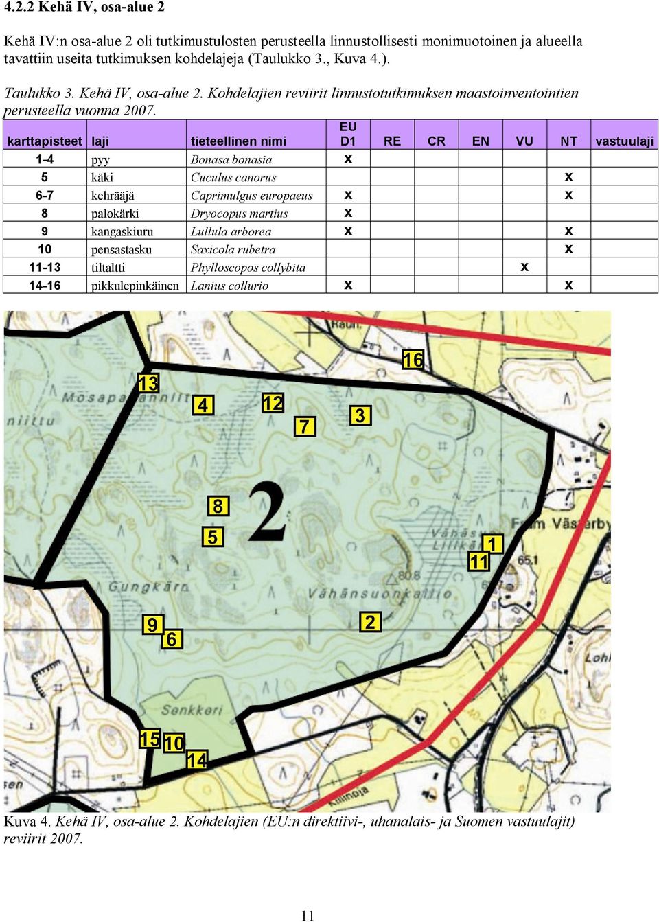 D1 RE CR EN VU NT vastuulaji karttapisteet laji tieteellinen nimi 1-4 pyy Bonasa bonasia x 5 käki Cuculus canorus x 6-7 kehrääjä Caprimulgus europaeus x x 8 palokärki Dryocopus martius x 9