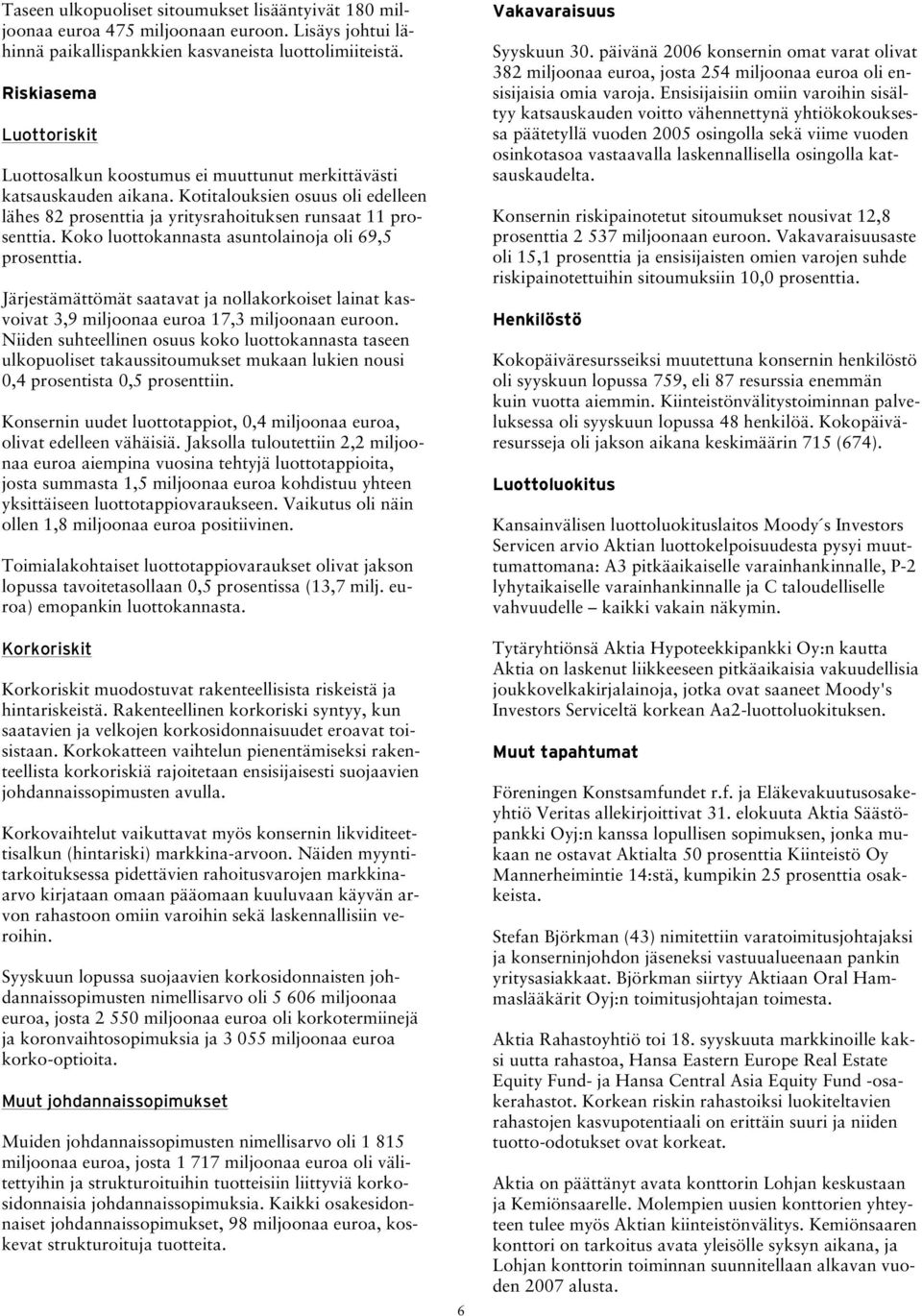 Koko luottokannasta asuntolainoja oli 69,5 prosenttia. Järjestämättömät saatavat ja nollakorkoiset lainat kasvoivat 3,9 miljoonaa euroa 17,3 miljoonaan euroon.