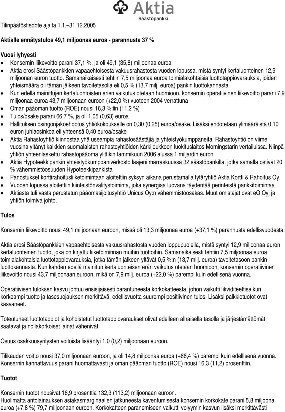 vakuusrahastosta vuoden lopussa, mistä syntyi kertaluonteinen 12,9 miljoonan euron tuotto.