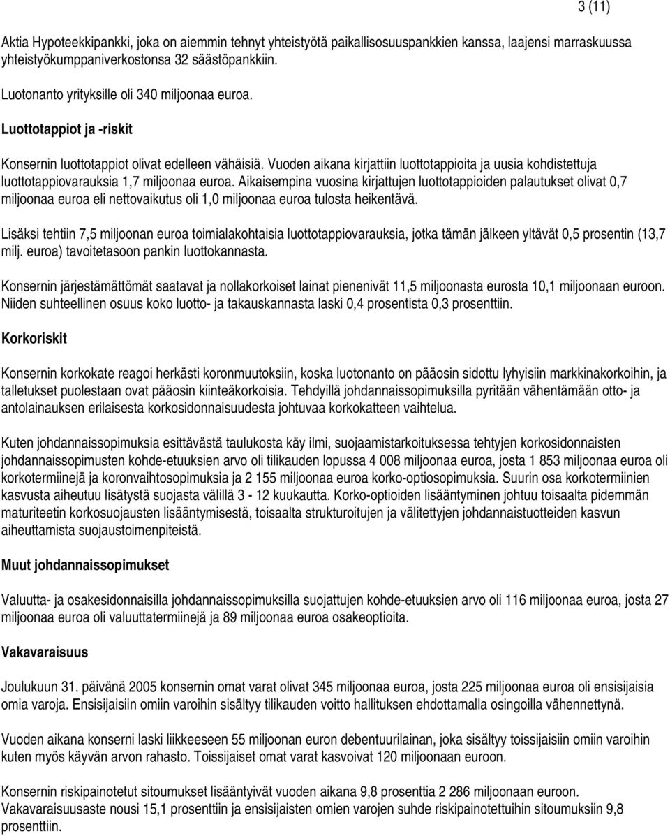 Vuoden aikana kirjattiin luottotappioita ja uusia kohdistettuja luottotappiovarauksia 1,7 miljoonaa euroa.