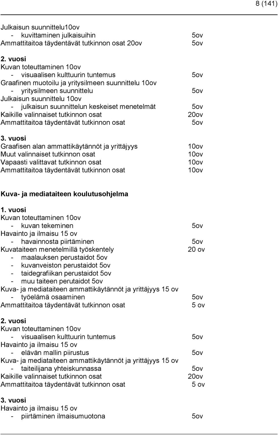 suunnittelun keskeiset menetelmät 5ov Kaikille valinnaiset tutkinnon osat 20ov Ammattitaitoa täydentävät tutkinnon osat 5ov 3.