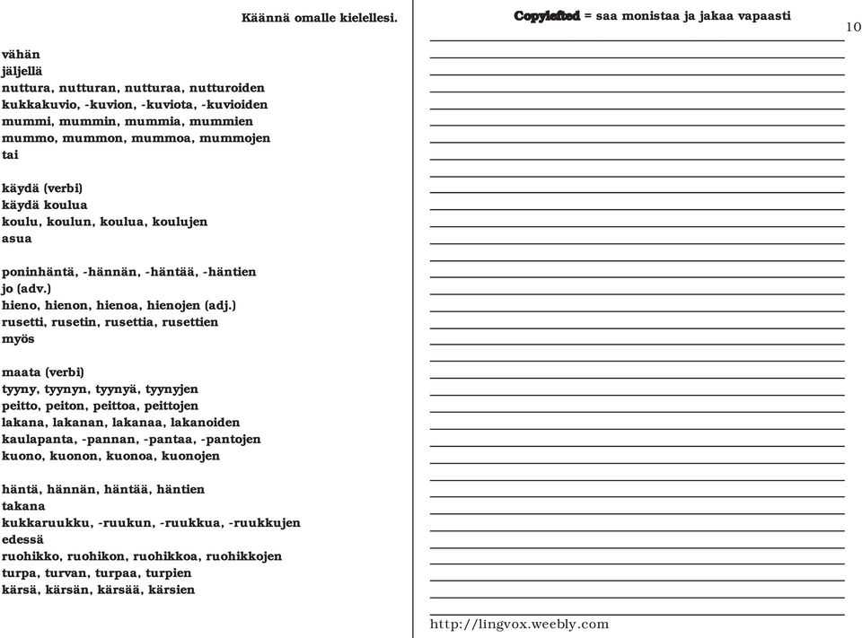 ) rusetti, rusetin, rusettia, rusettien myös maata (verbi) tyyny, tyynyn, tyynyä, tyynyjen peitto, peiton, peittoa, peittojen lakana, lakanan, lakanaa, lakanoiden kaulapanta, -pannan,