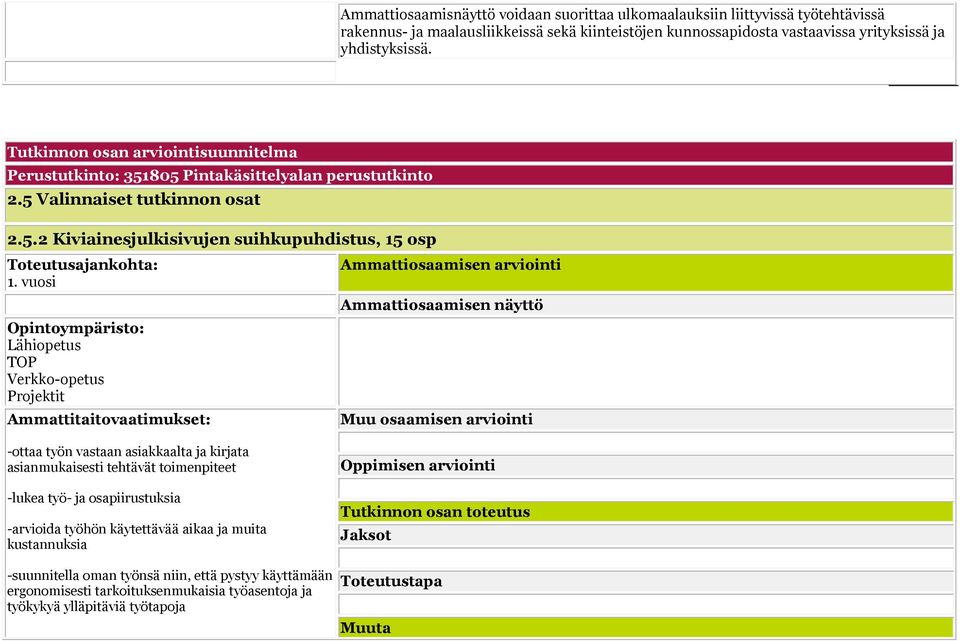 vuosi Opintoympäristo: TOP Ammattitaitovaatimukset: Ammattiosaamisen näyttö -ottaa työn vastaan asiakkaalta ja kirjata asianmukaisesti tehtävät toimenpiteet -lukea työ- ja