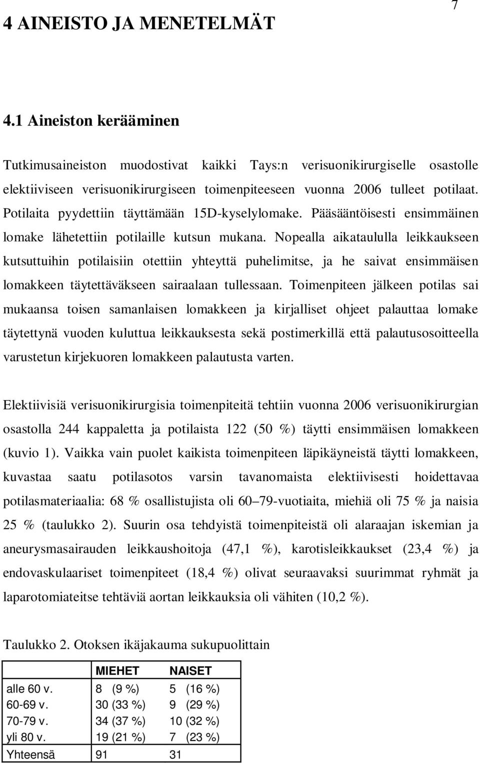 Potilaita pyydettiin täyttämään 15D-kyselylomake. Pääsääntöisesti ensimmäinen lomake lähetettiin potilaille kutsun mukana.