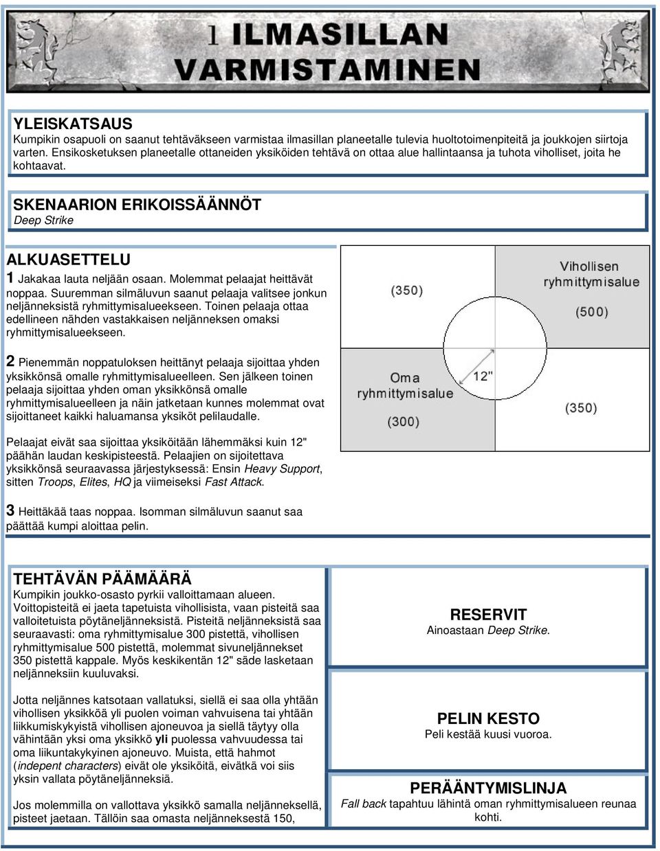 Molemmat pelaajat heittävät noppaa. Suuremman silmäluvun saanut pelaaja valitsee jonkun neljänneksistä ryhmittymisalueekseen.