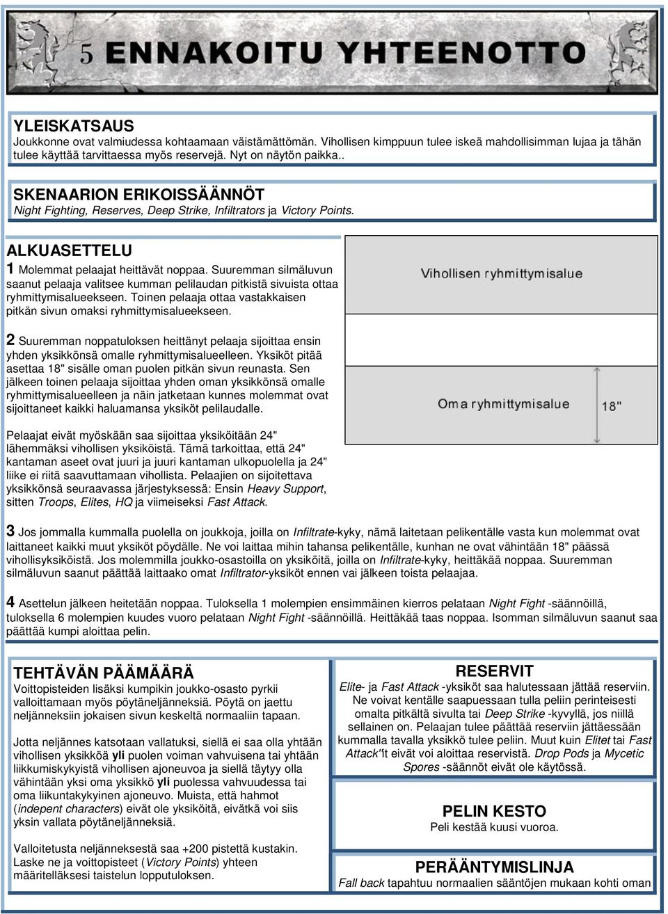 2 Suuremman noppatuloksen heittänyt pelaaja sijoittaa ensin yhden yksikkönsä omalle ryhmittymisalueelleen. Yksiköt pitää asettaa 18" sisälle oman puolen pitkän sivun reunasta.